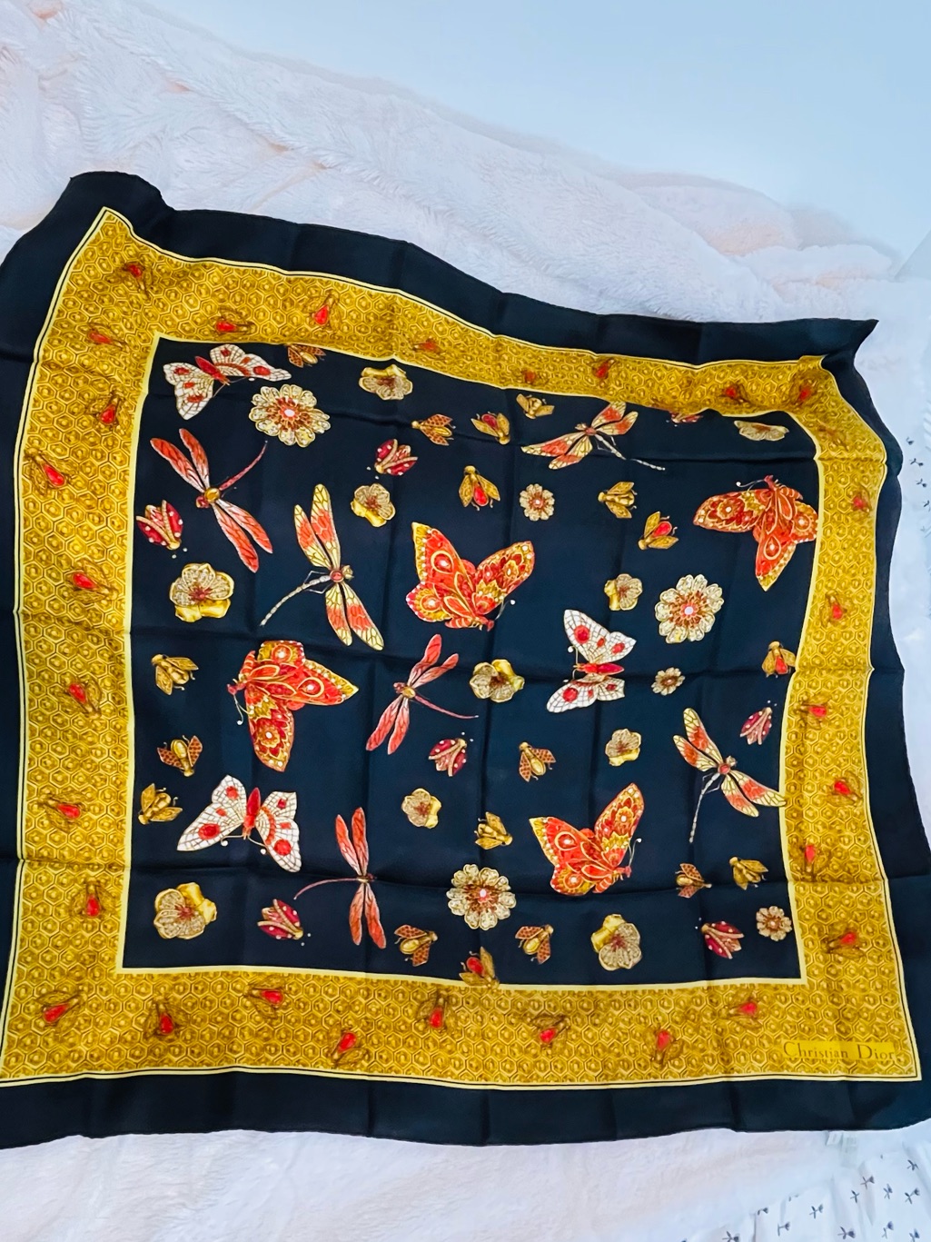 Authentic Dior Vintage Black Gold Butterfly Scarf